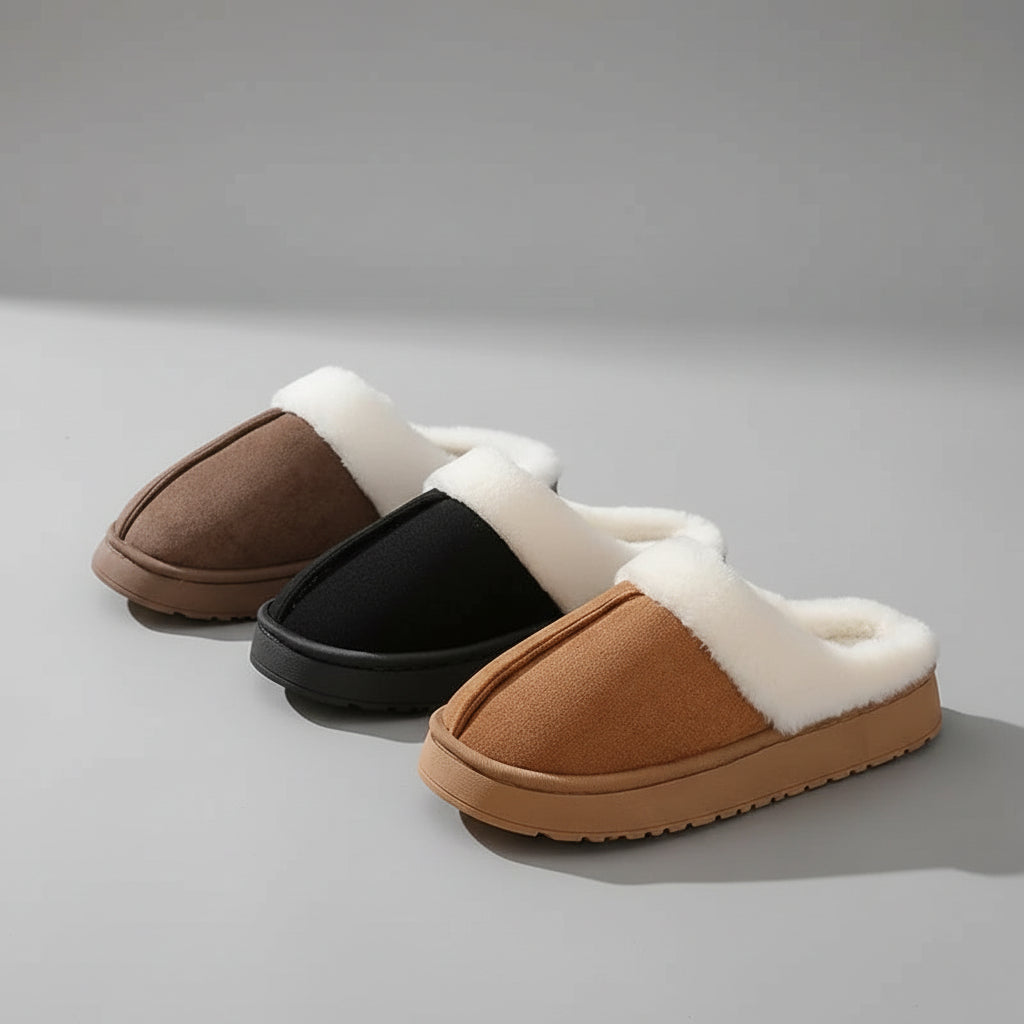 Pantoufles d’Hiver Femme Doublure Peluche & Col en Fourrure