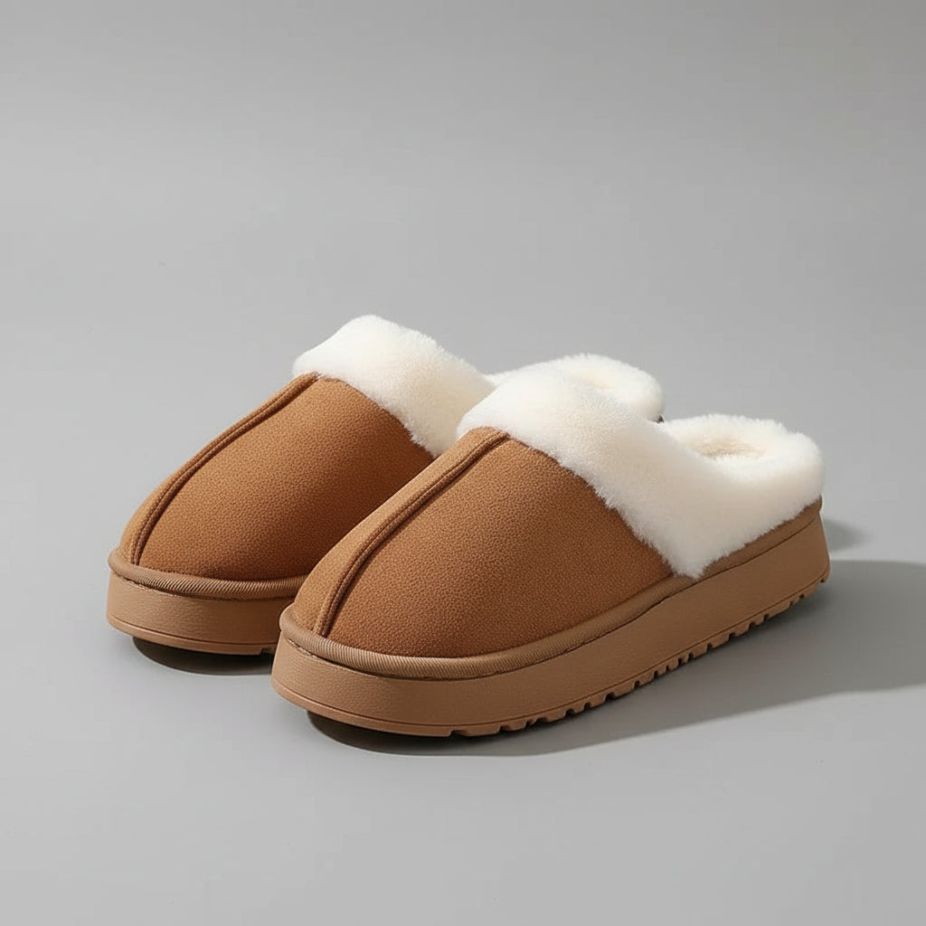 Pantoufles d’Hiver Femme Doublure Peluche & Col en Fourrure