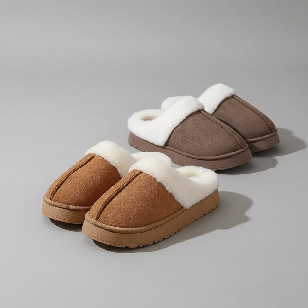 Pantoufles d’Hiver Femme Doublure Peluche & Col en Fourrure