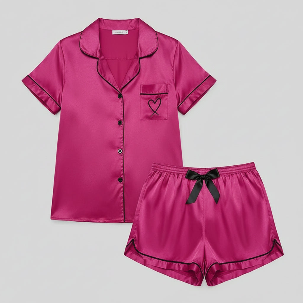 Pyjama Femme Ensemble Court Boutonné avec Poche Cœur Brodé | Volthea™